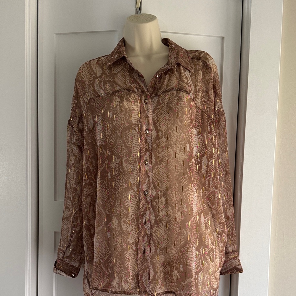 River Island Sheer Oversized Snake Print Button-Up Blouse with Metallic Accents
